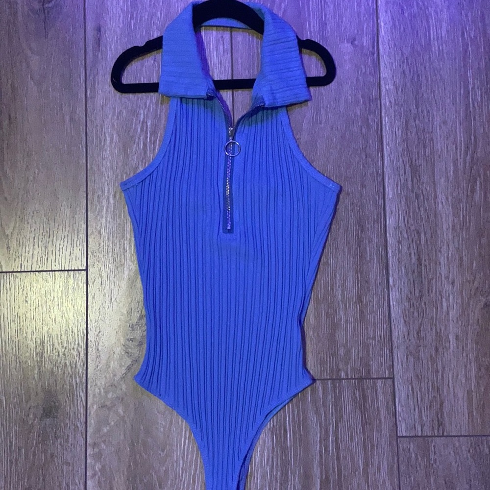 light blue medium zipper halter body suit